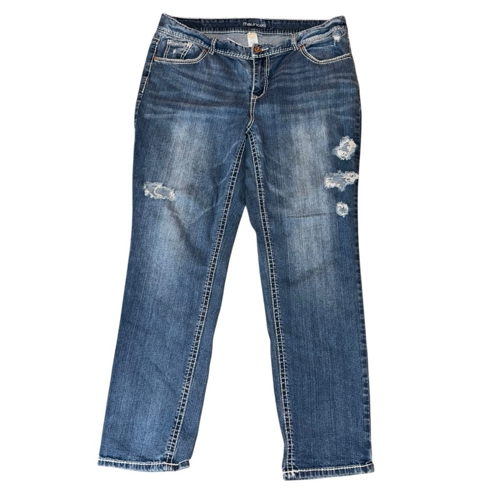 Maurice’s  Women’s Sz 16 Faded Blue Destroyed Holes Straight Leg Mid Rise Denim